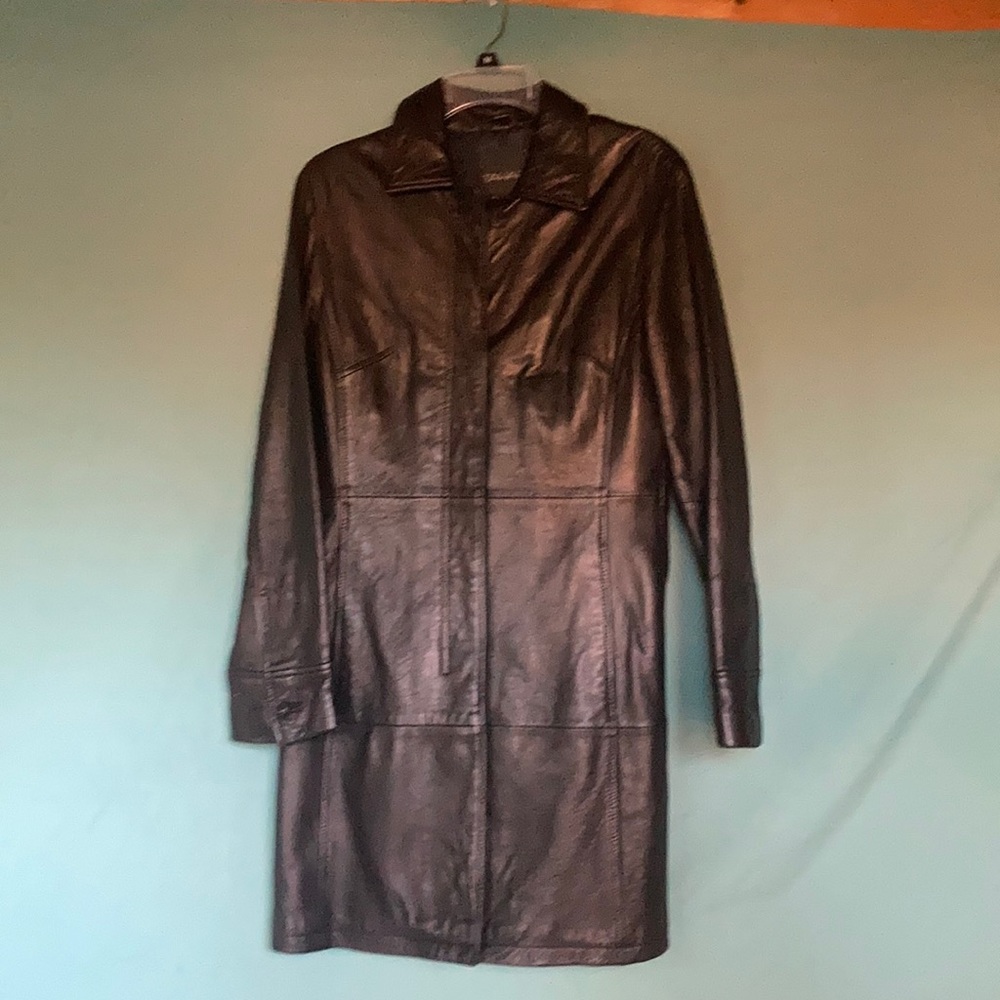 Vintage Tahari black leather dress coat